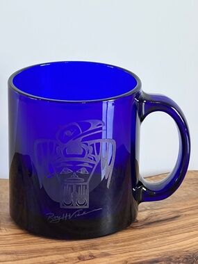 Rare Blue Glass Mug Native American by Roy H Vickers Blue Glass Coffee Cup